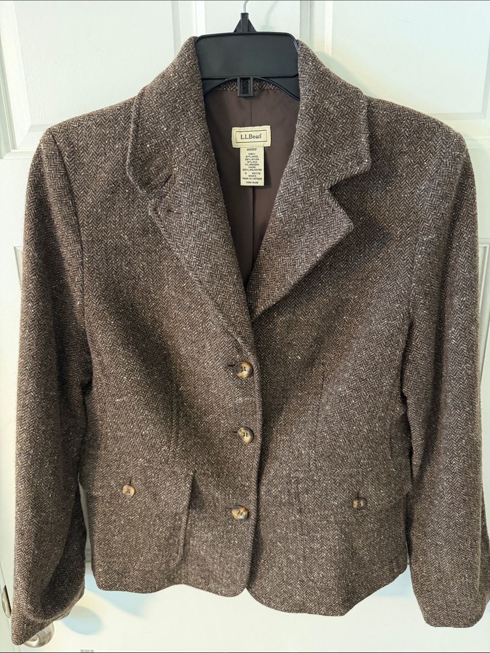 Vintage L.L. Bean Women's Brown Tweed Wool Blend Blazer Jacket Size Small Petite